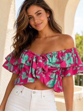 Off-Shoulder Floral Ruffle Crop Top in Pink & Mint